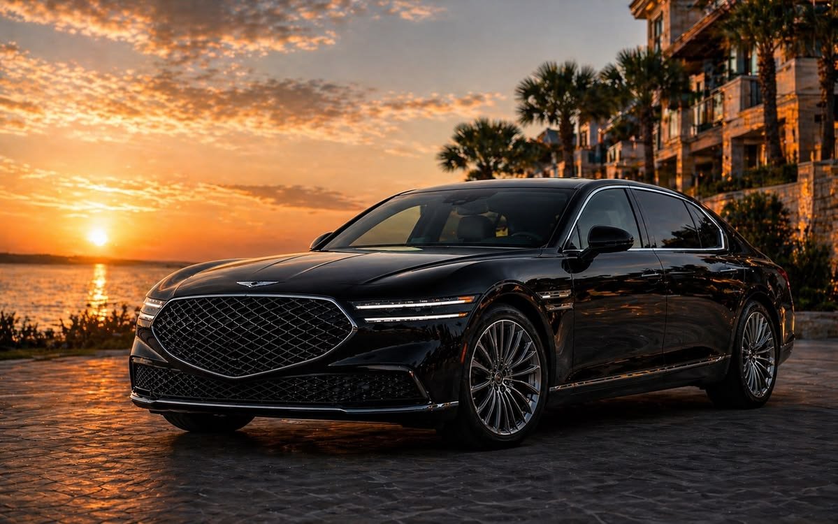 A sleek black luxury sedan parked on a cobblestone driveway with a stunning sunset over the water in the background, reflecting a premium service experience in Miramar Beach.